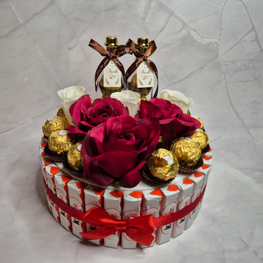 Chocolate Hamper with Rose Flowers and Lovely Bottles